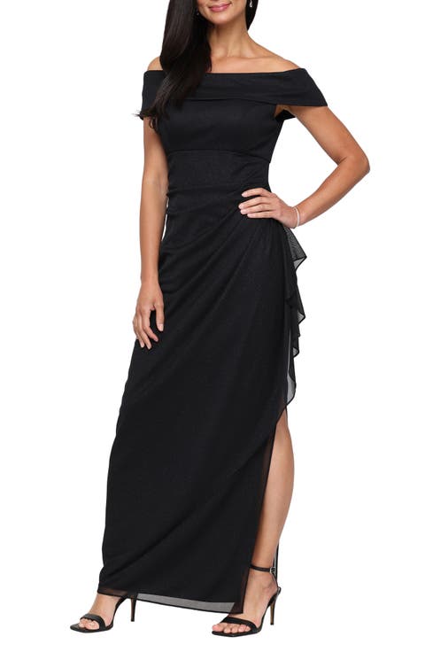 Glitter Mesh Off-the-Shoulder Gown