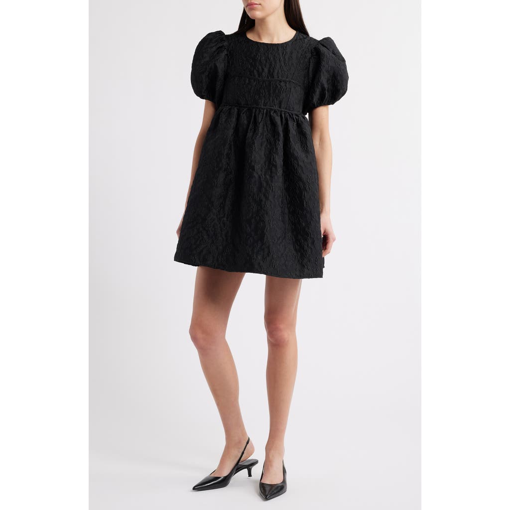 Sister Jane Oyster Jacquard Tie Waist Puff Sleeve Minidress In Black