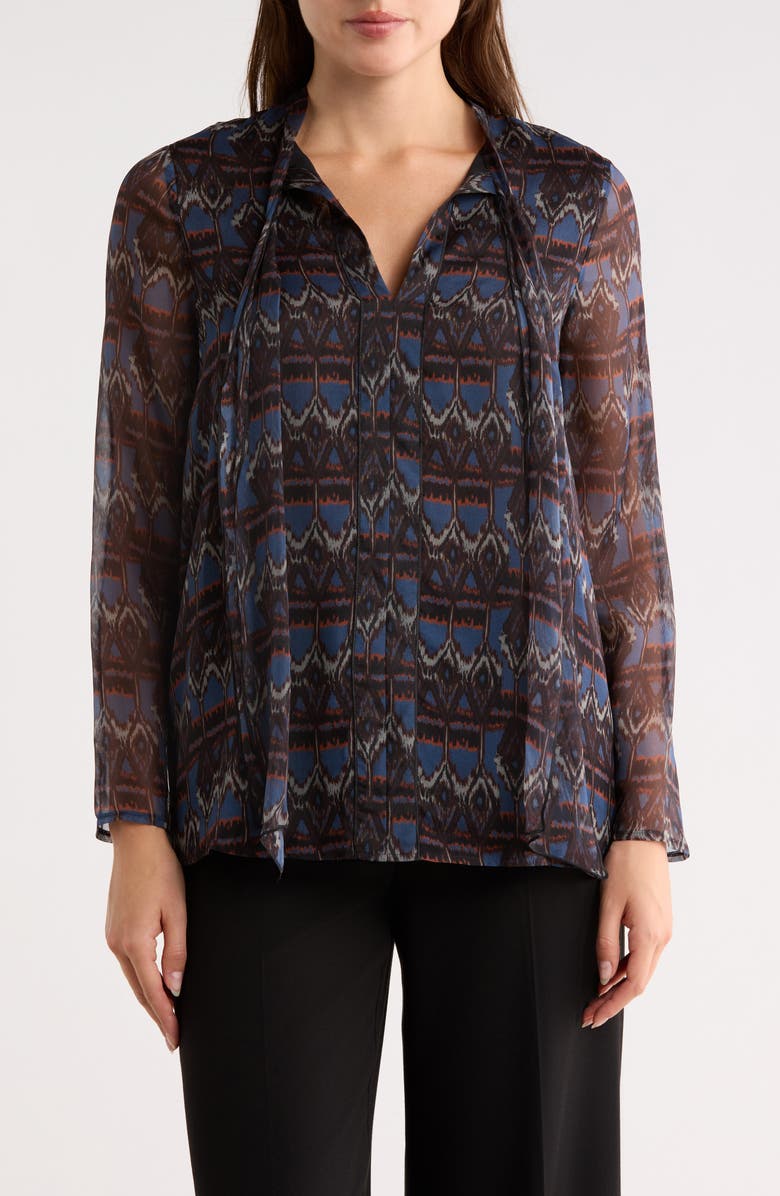 Longchamp Tie Neck Long Sleeve Silk Button-Up Shirt, Main, color, Navy