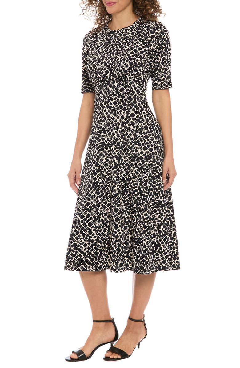 London Times Short Sleeve Inset Waist Fit & Flare Midi Dress, Alternate, color, Cream/ Black