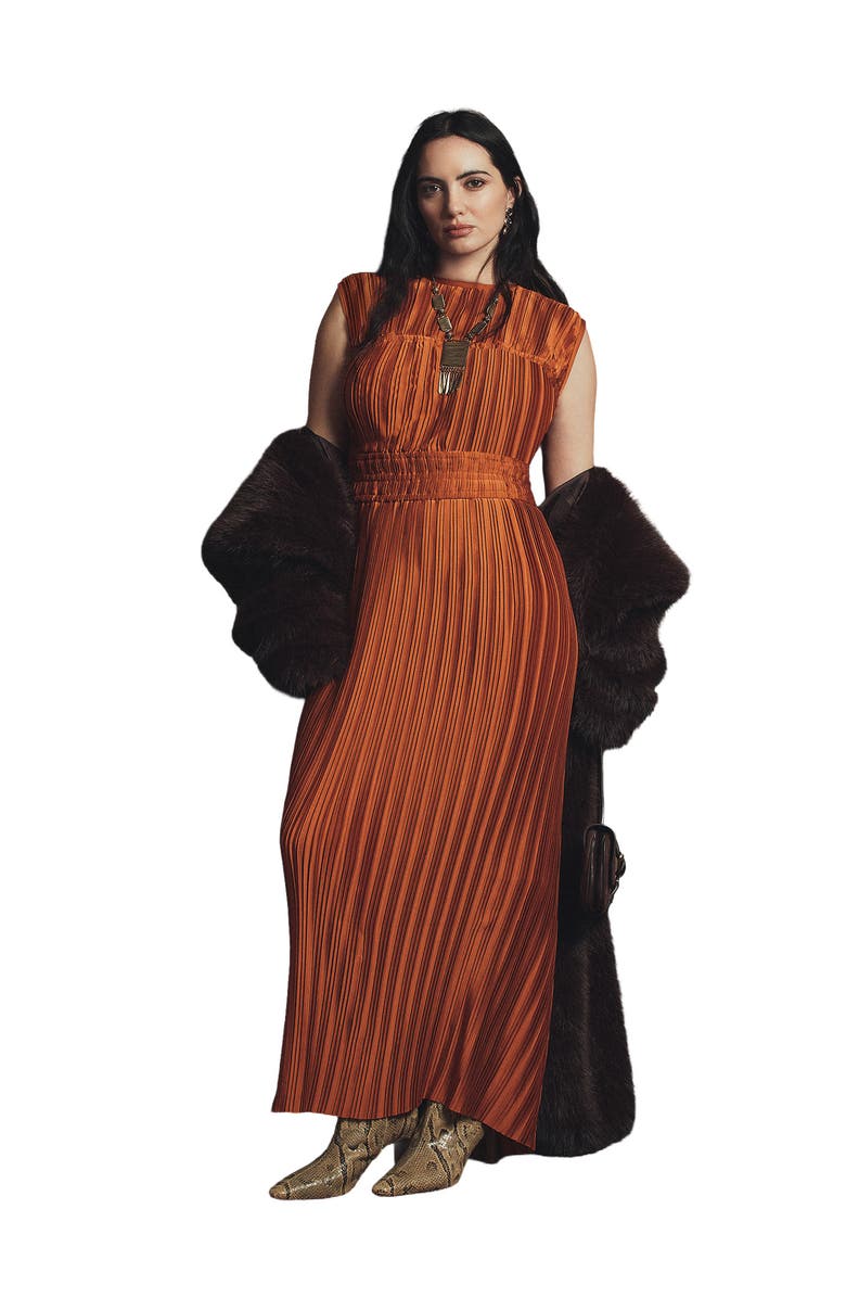 June + Vie Boatneck Plisse Cap-Sleeve Maxi Dress, Main, color, Umber