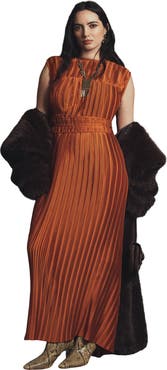 June + Vie Boatneck Plisse Cap-Sleeve Maxi Dress