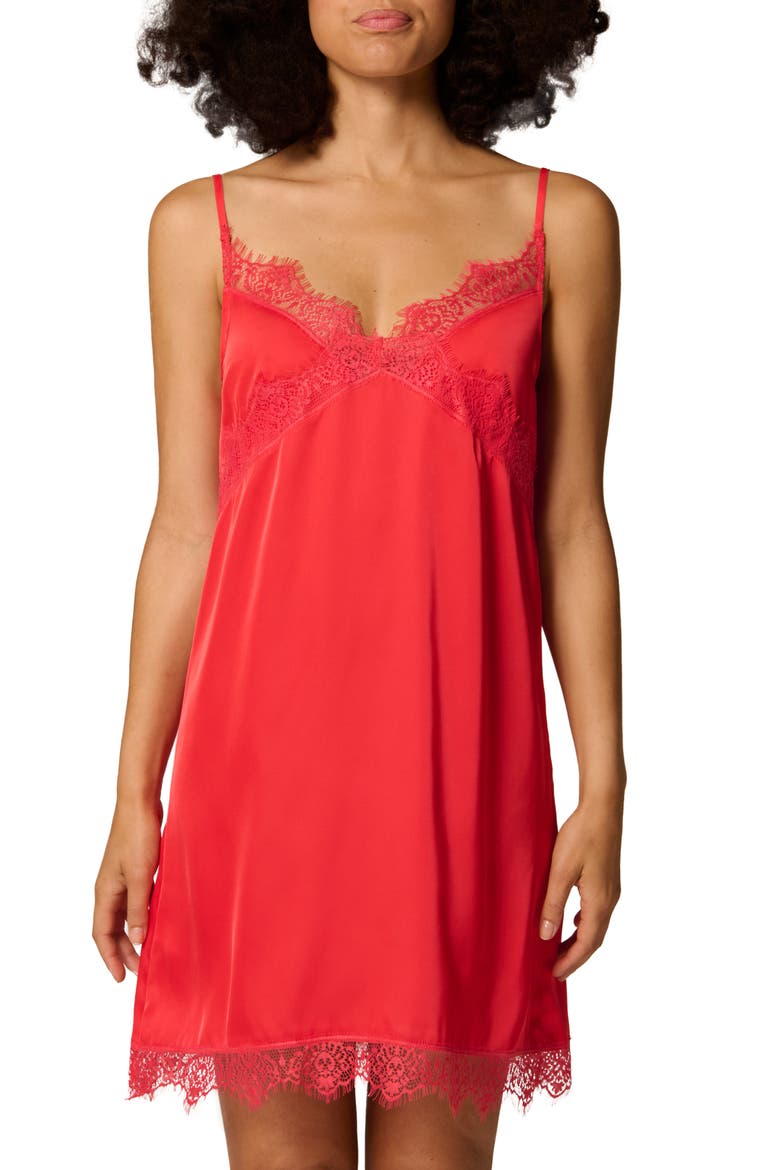 Lace Trim Satin Chemise, Main, color, FLAMINGO