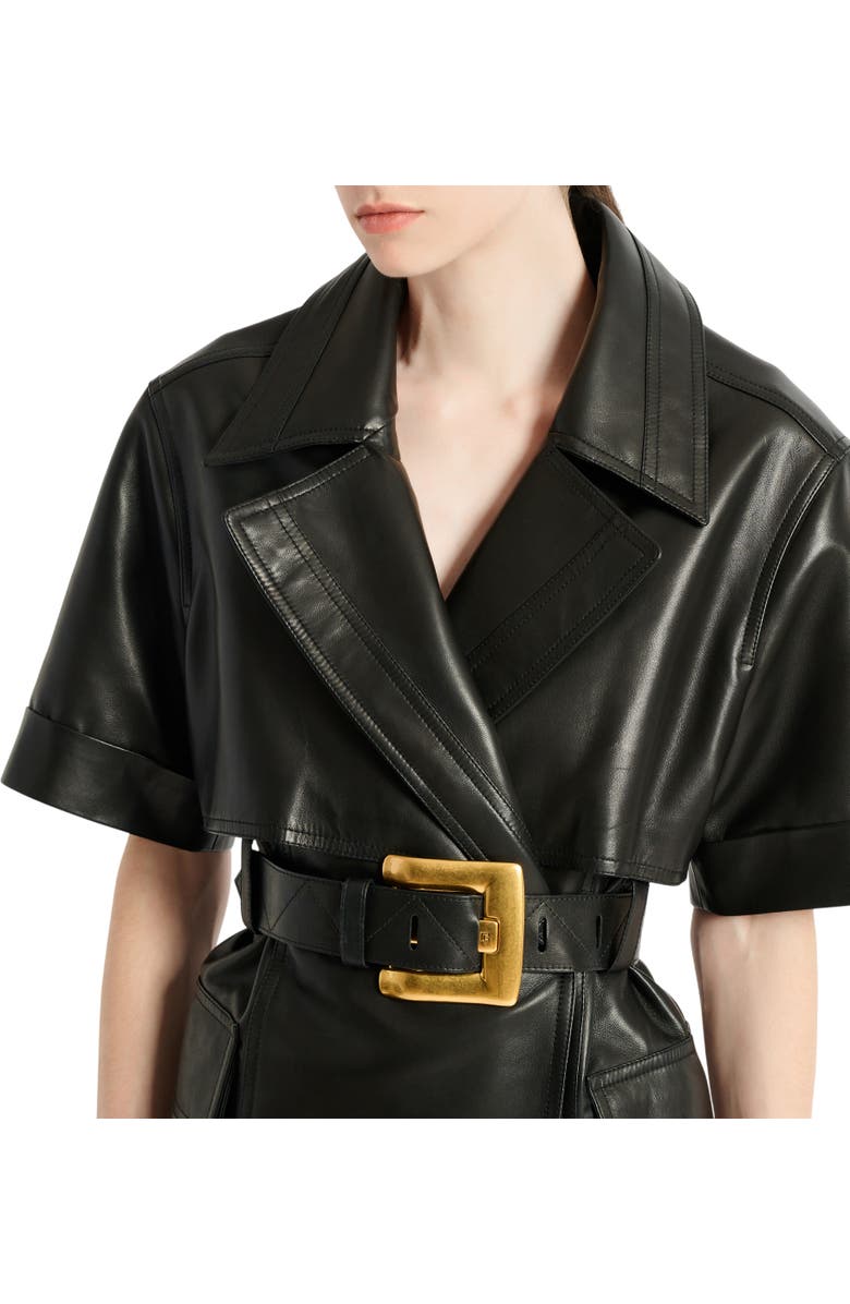 Balmain Belted lambskin leather dress, Alternate, color, Black