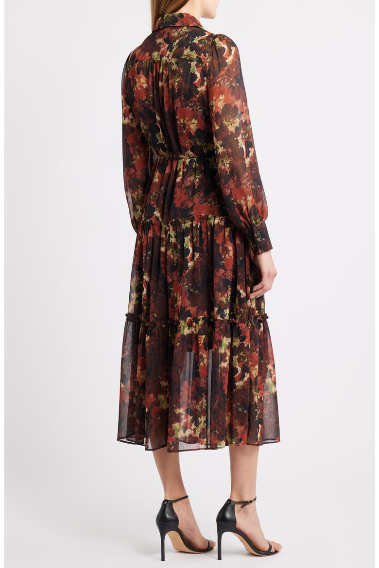 Floral Long Sleeve Tiered Chiffon Shirtdress, Alternate, color, BROWN MULTI