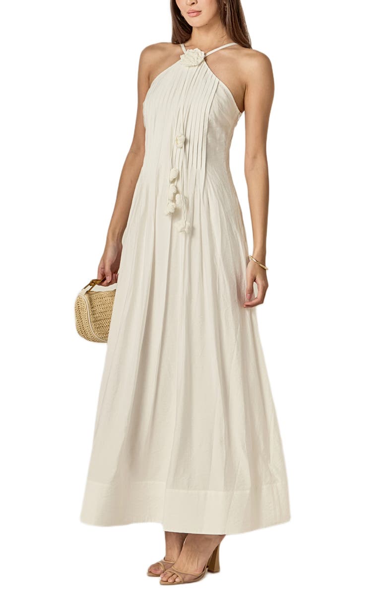 English Factory Crochet Flower Trim Pleated Maxi Dress, Alternate, color, Off White