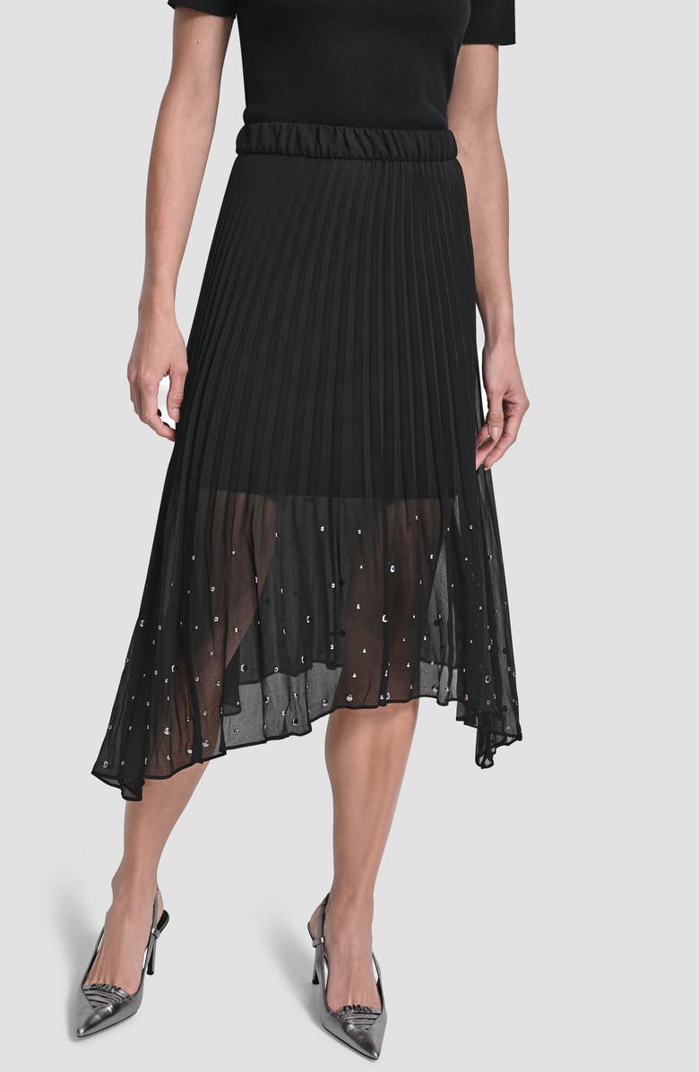 DKNY Studded Pleated Chiffon Midi Skirt, Main, color, Black