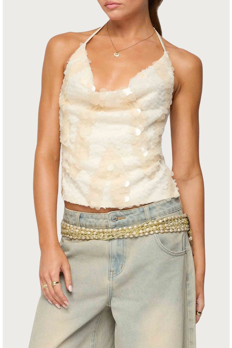 Reid Sequin Cowl Neck Open Back Halter Top, Main, color, CREAM