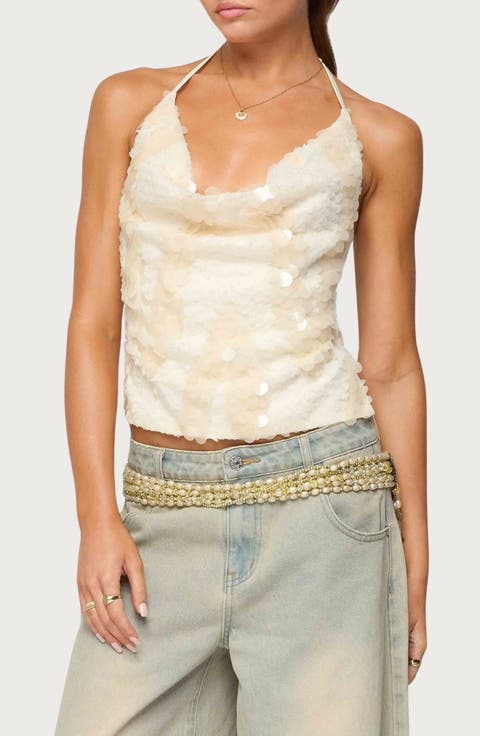 Reid Sequin Cowl Neck Open Back Halter Top