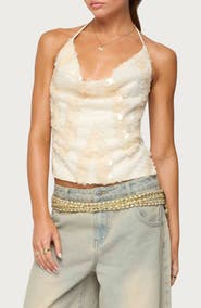 EDIKTED Reid Sequin Cowl Neck Open Back Halter Top