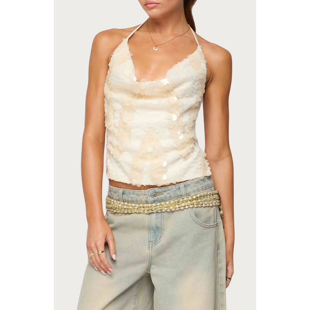 Edikted Reid Sequin Cowl Neck Open Back Halter Top In White
