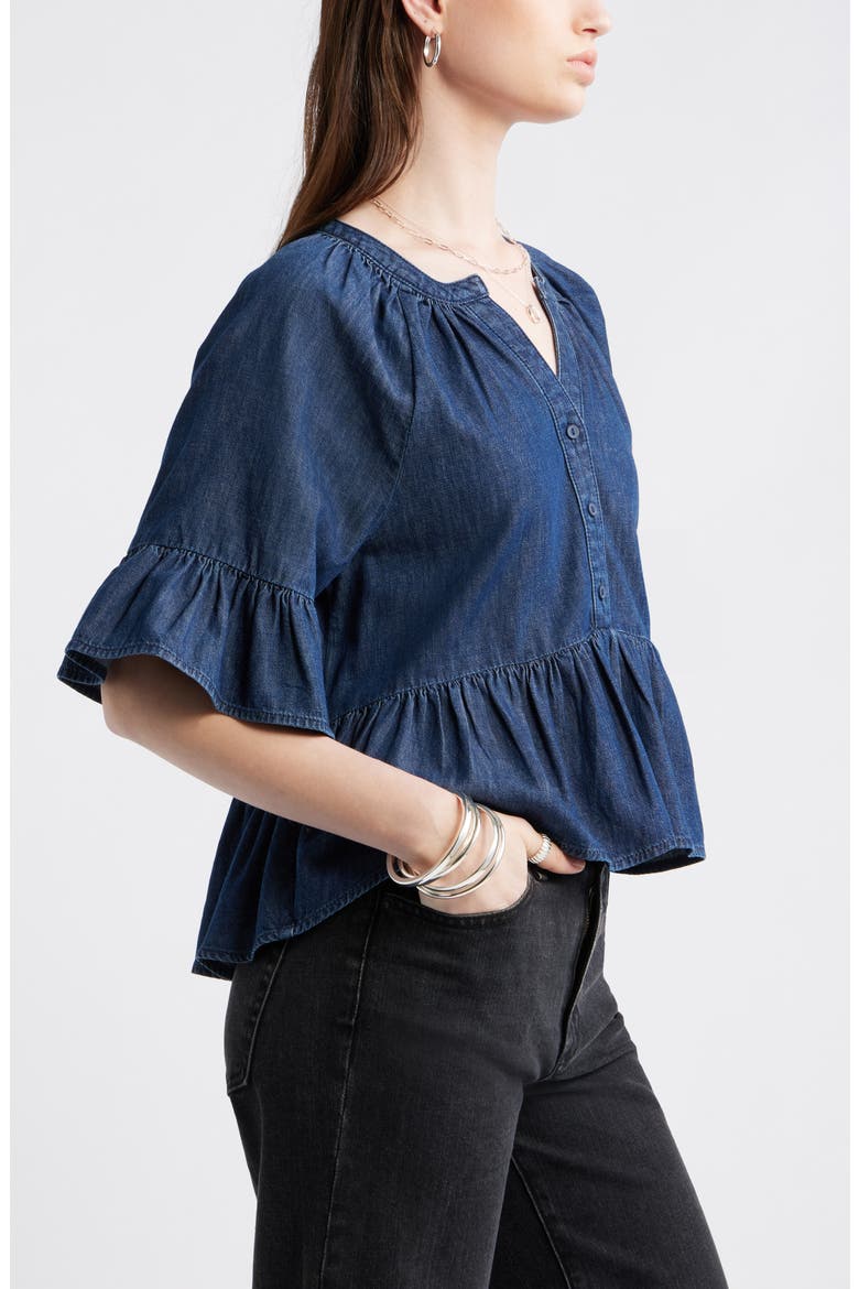 Cotton Chambray Peplum Top, Alternate, color, DARK MID WASH