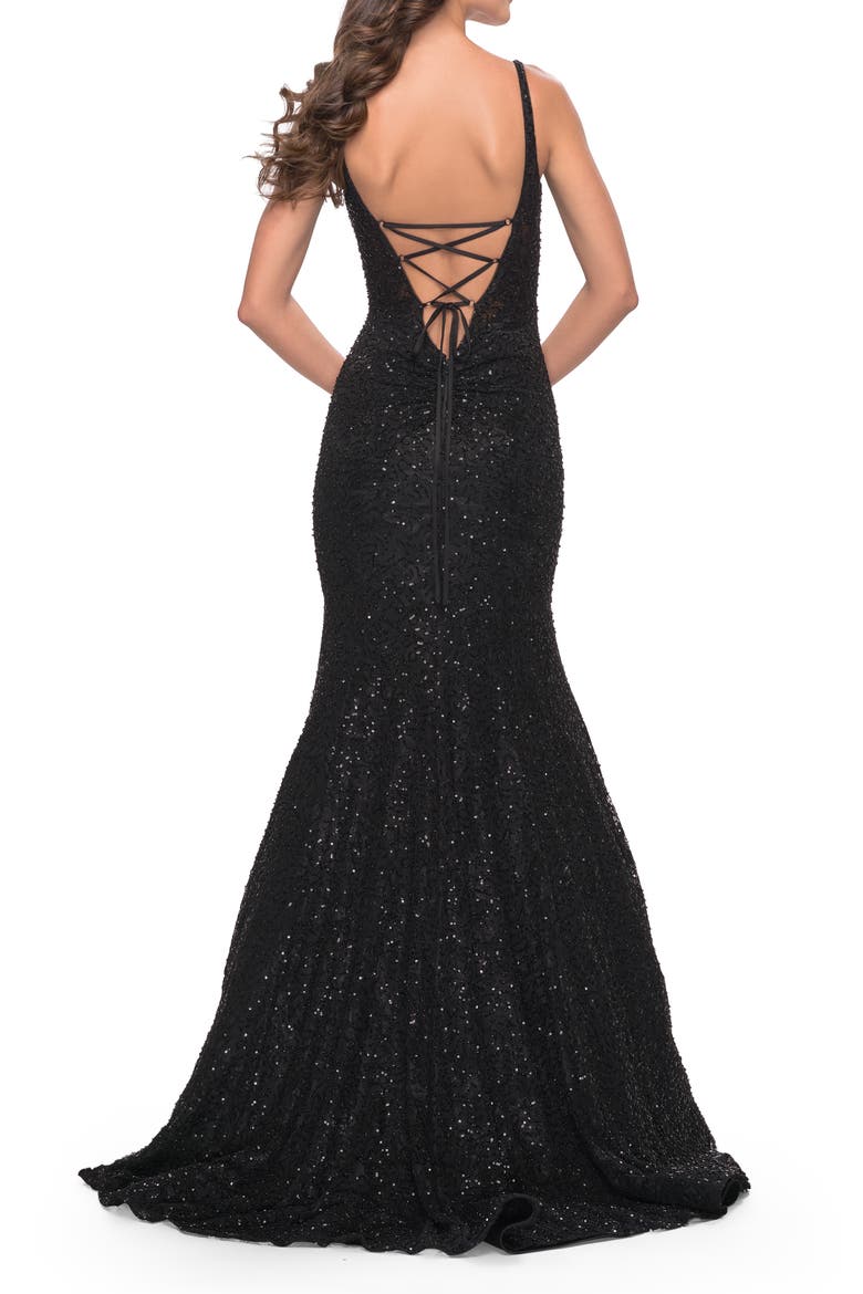 Mermaid Beaded Lace Dress with Sheer Bodice, Alternate, color, Black