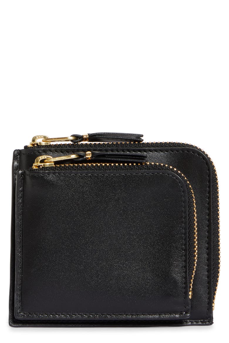 Outside Pocket Two-Compartment Half Zip Leather Wallet, Main, color, BLACK