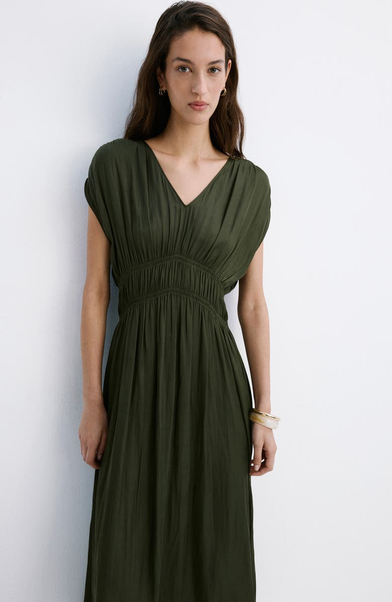 MANGO Gathered Waist Midi Dress, Alternate, color, Khaki Green