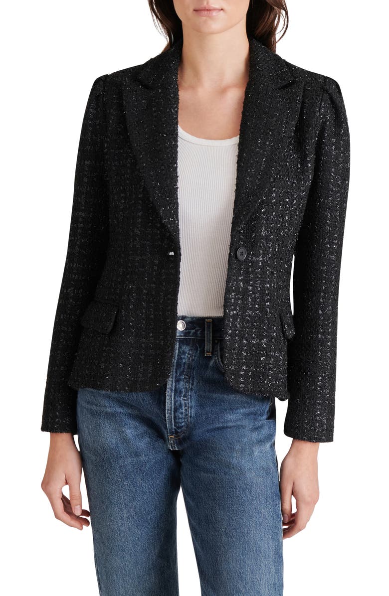 Steve Madden Cinched Tweed Blazer, Main, color, Black