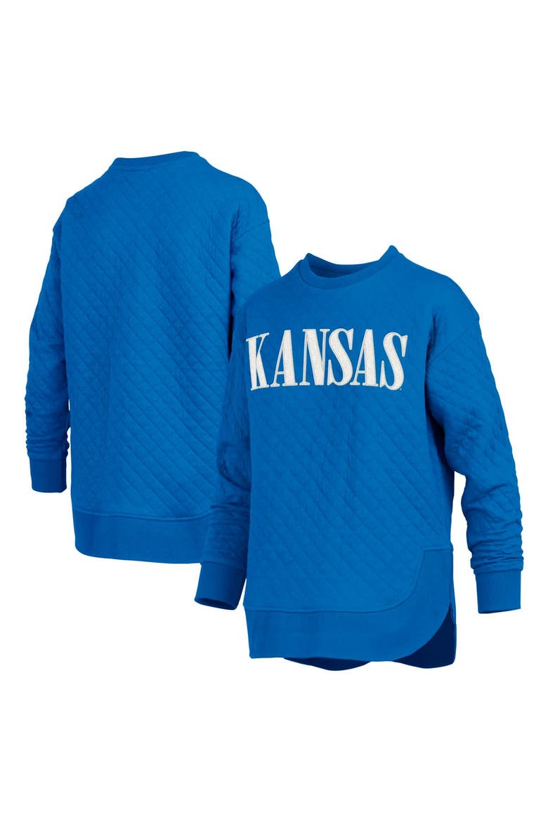 Women's Pressbox Royal Kansas Jayhawks Quilted Long Sleeve Pullover Sweatshirt, Main, color, Royal