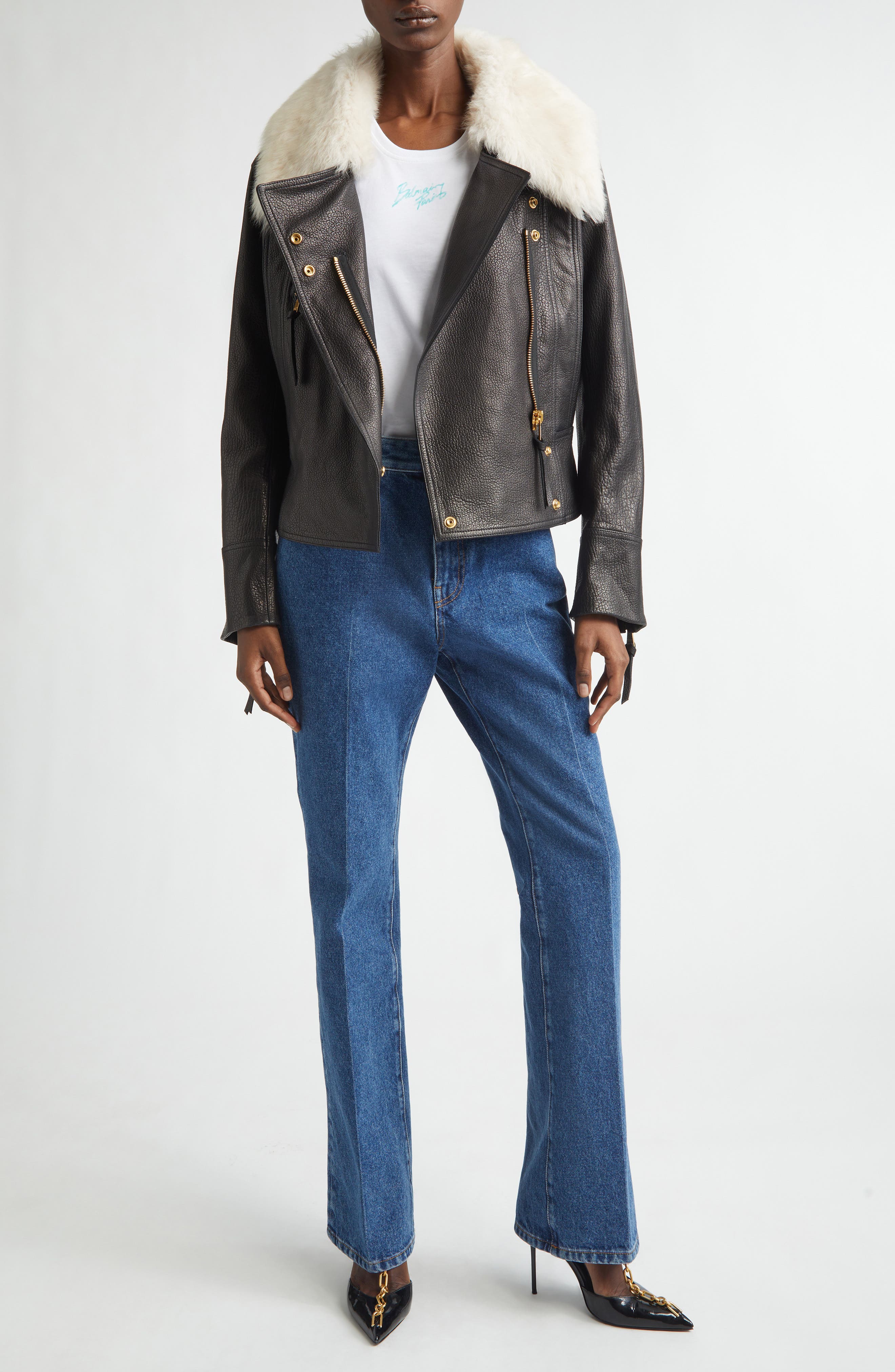 Genuine Shearling Collar Leather Biker Jacket - image 2