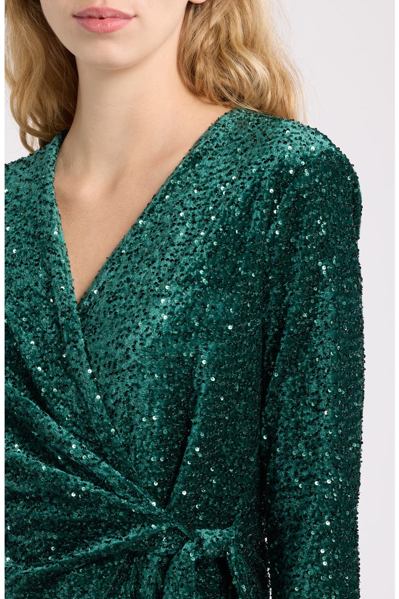 Sequin Long Sleeve Wrap Dress, Alternate, color, PINE FOREST