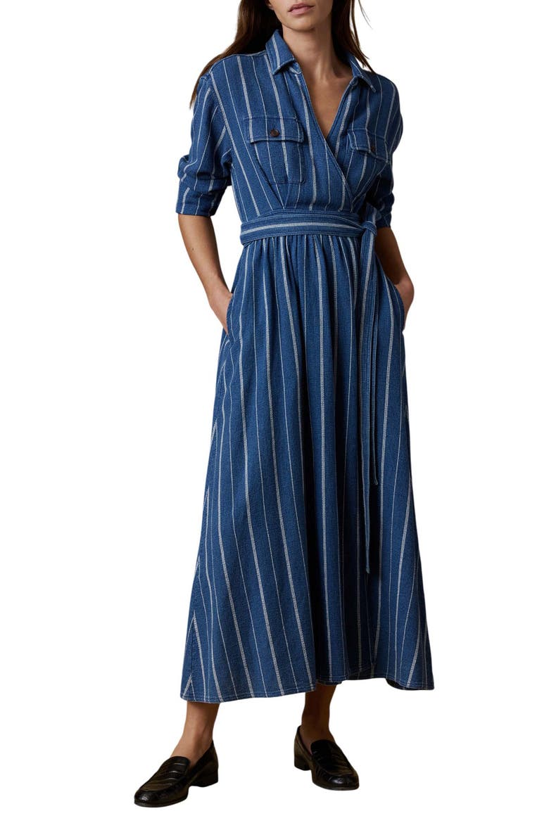 Julia Island Tide Stripe Long Sleeve Organic Cotton Wrap Shirtdress, Main, color, INDIGO DRIFT STRIPE