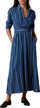 Faherty Julia Island Tide Stripe Long Sleeve Organic Cotton Wrap Shirtdress