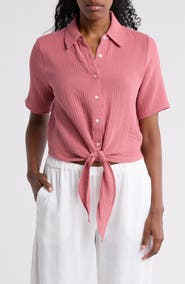 T Tahari Short Sleeve Tie Front Cotton Gauze Shirt