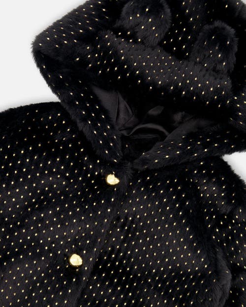Deux Par Deux Bear Faux Fur Coat With Gold Polka Dots In Black