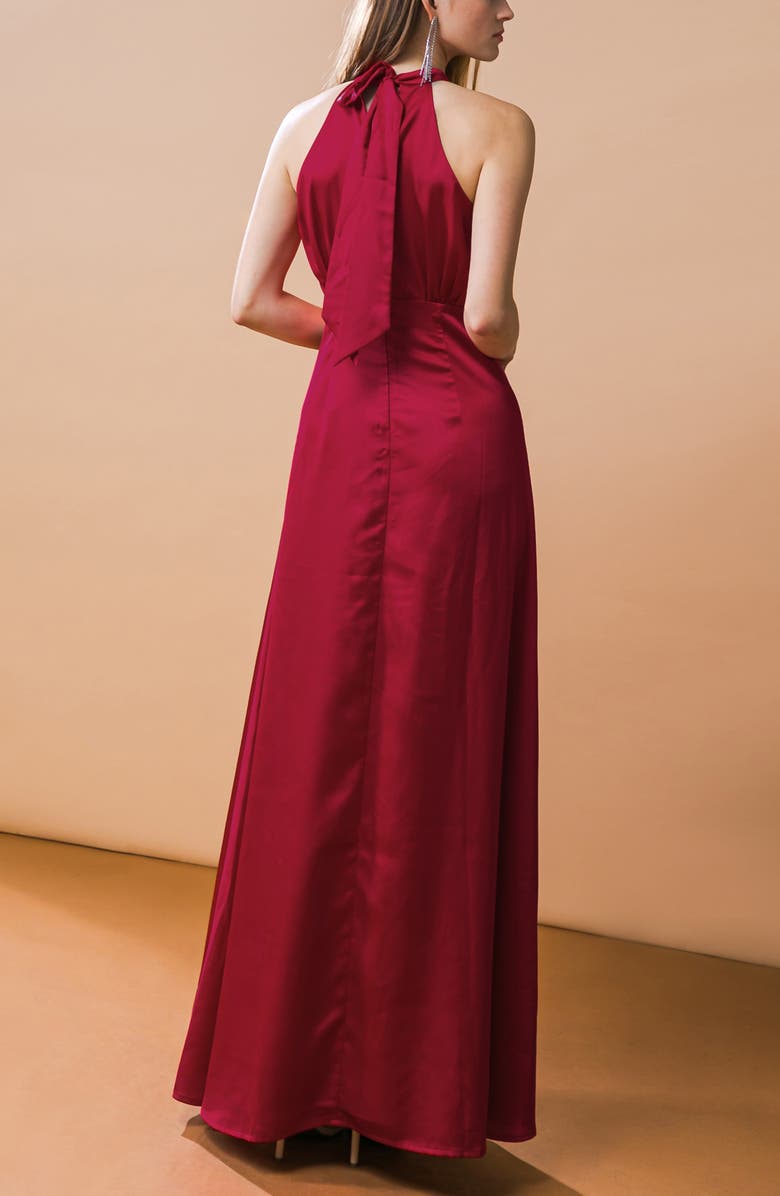 FLYING TOMATO Tie Neck Satin Maxi Dress, Alternate, color, Burgundy