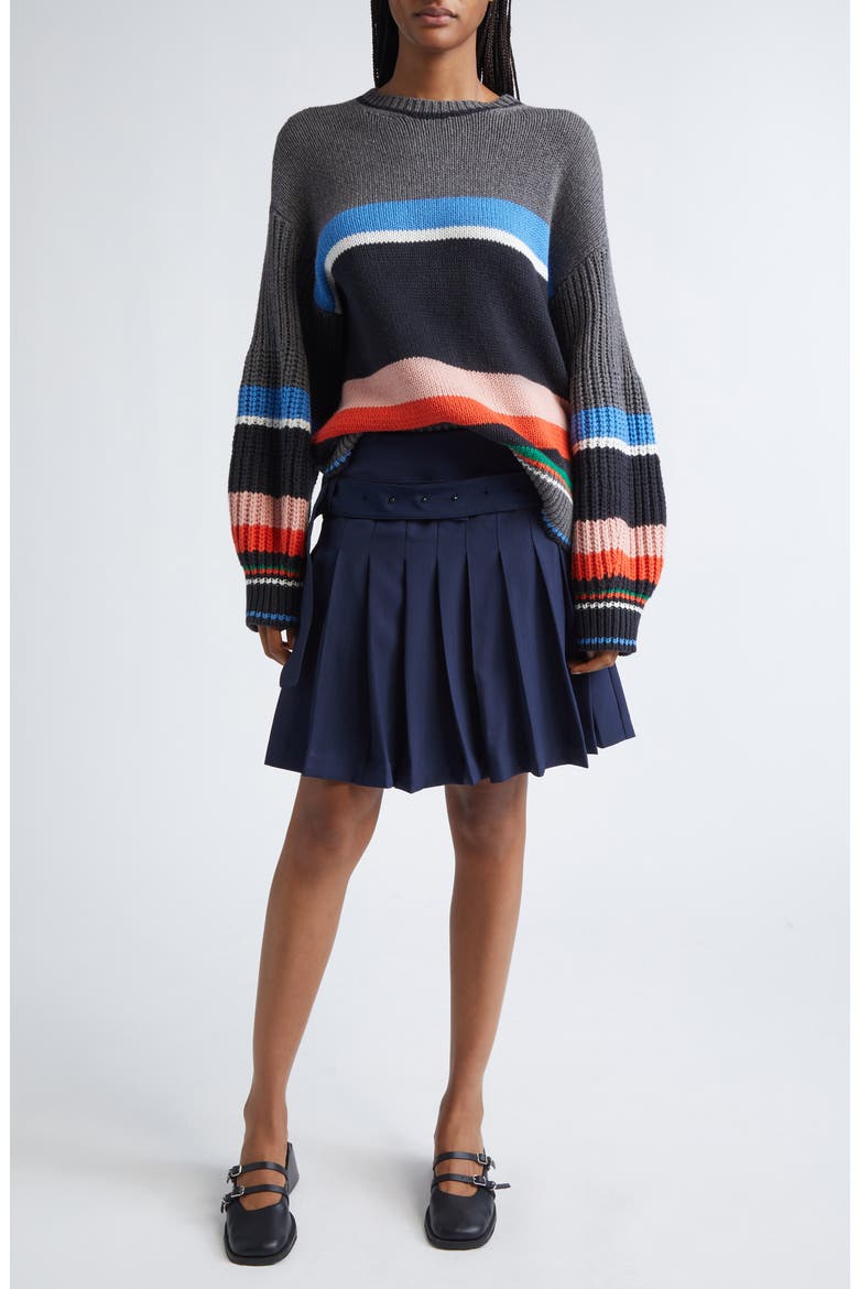 Pinstripe Belted Pleated Skirt, Alternate, color, DARK BLUE