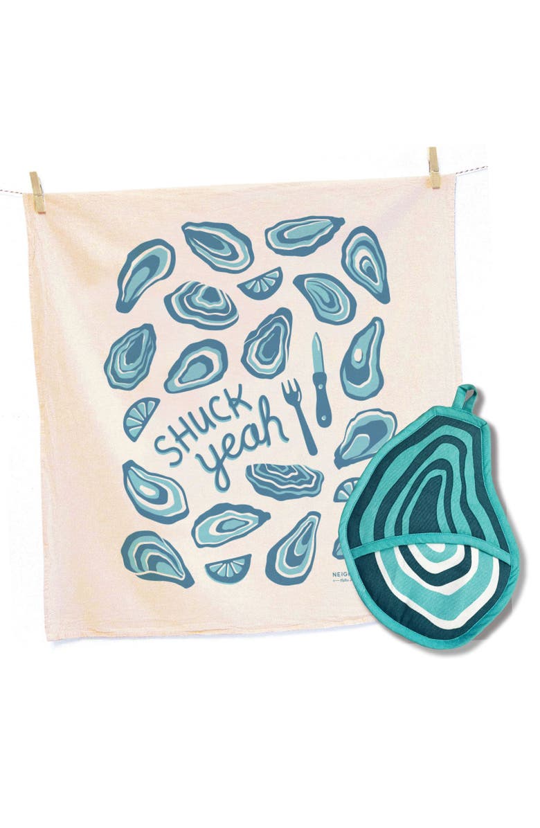 The Neighborgoods Oyster Tea Towel and Pot Holder Set, Main, color, Blue Green