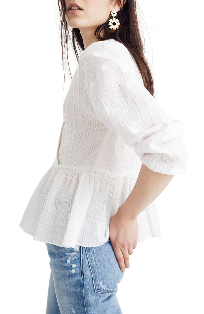 Madewell Metallic Stripe Bubble Sleeve Peplum Top, Alternate, color, 