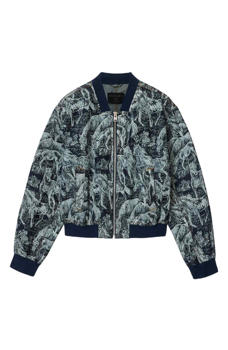 AllSaints Kaytra Horse Print Denim Bomber Jacket, Alternate, color, Printed Indigo