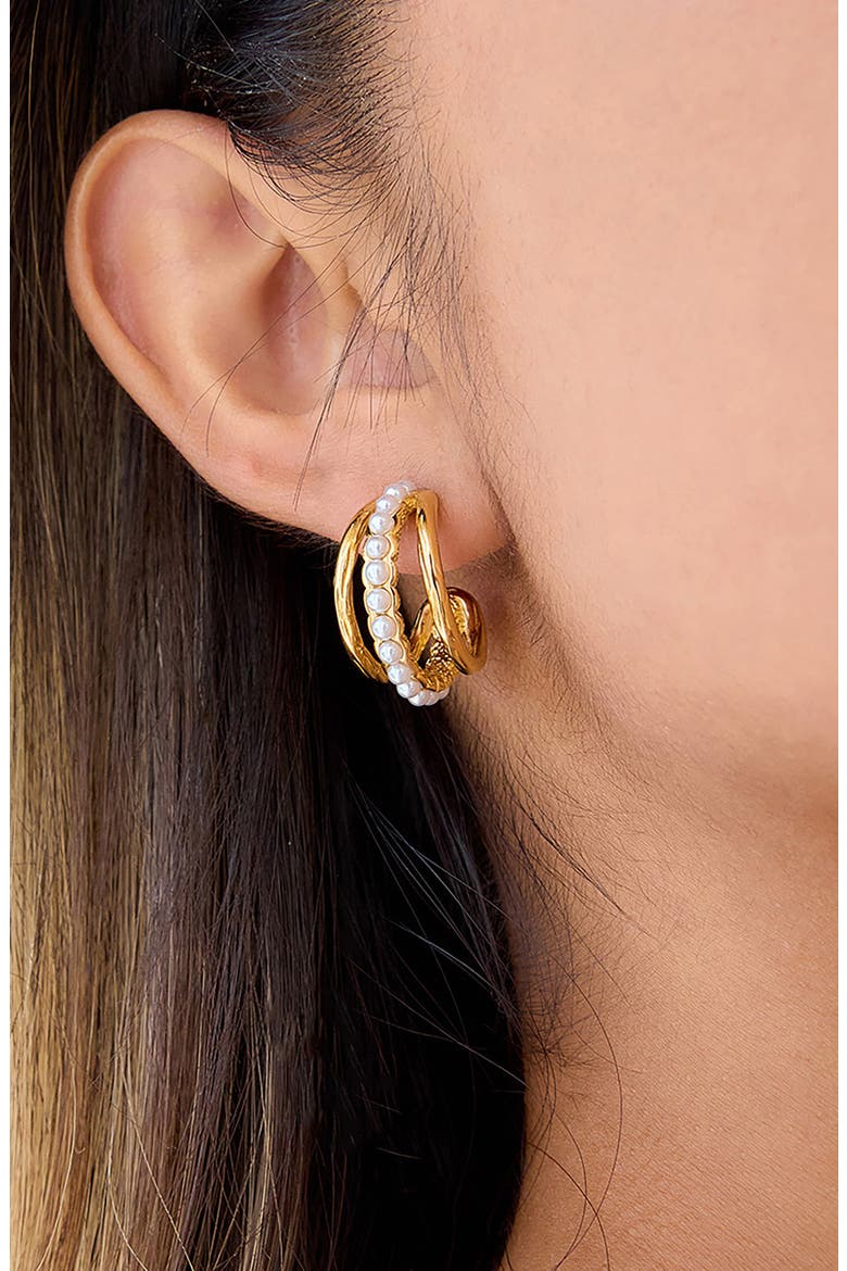Faux Pearl Arc Hoop Earrings, Alternate, color, GOLD