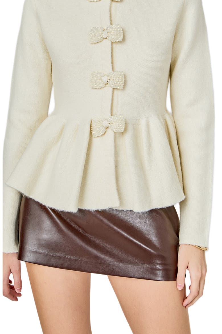 Bow Trim Peplum Cardigan, Alternate, color, CREAM