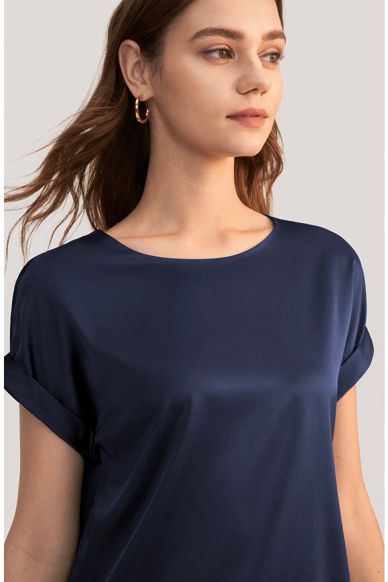 Women's Short Sleeves Round Neck Silk Tee, Alternate, color, Navy blue