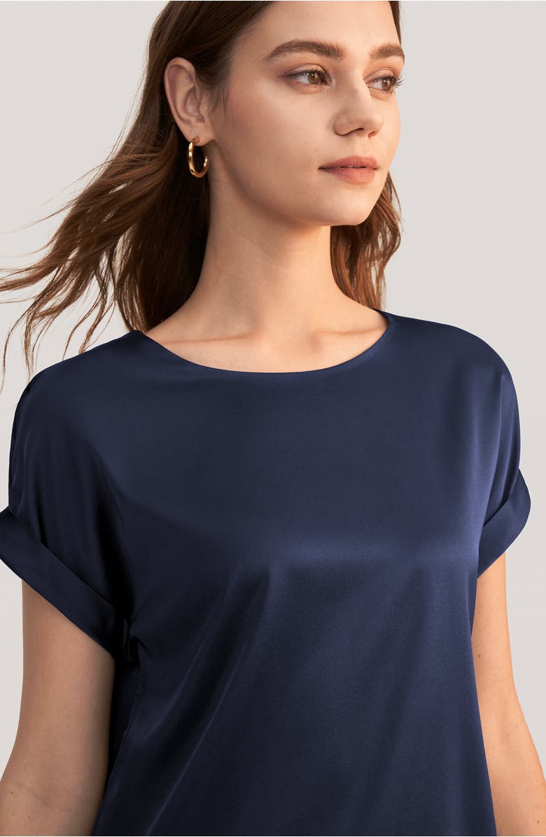 Lilysilk Women's Short Sleeves Round Neck Silk Tee, Alternate, color, Navy Blue