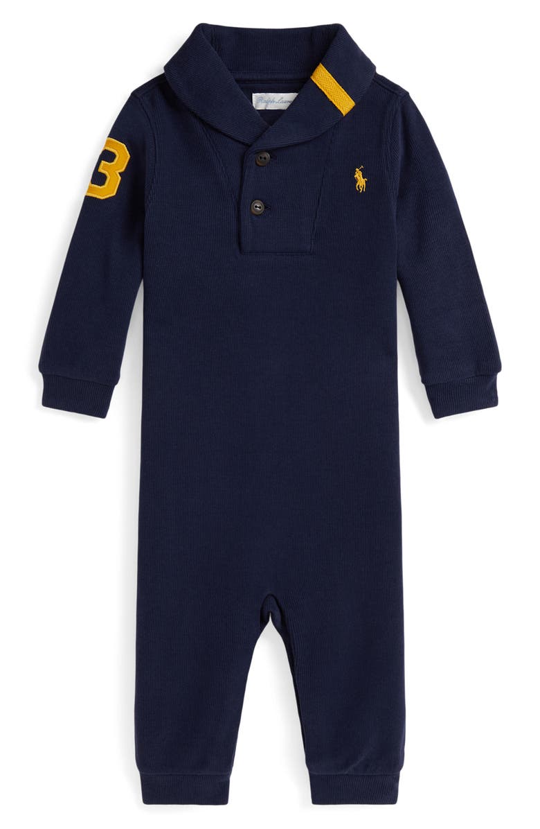 Ralph Lauren Estate Rib Knit Romper, Main, color, Refined Navy
