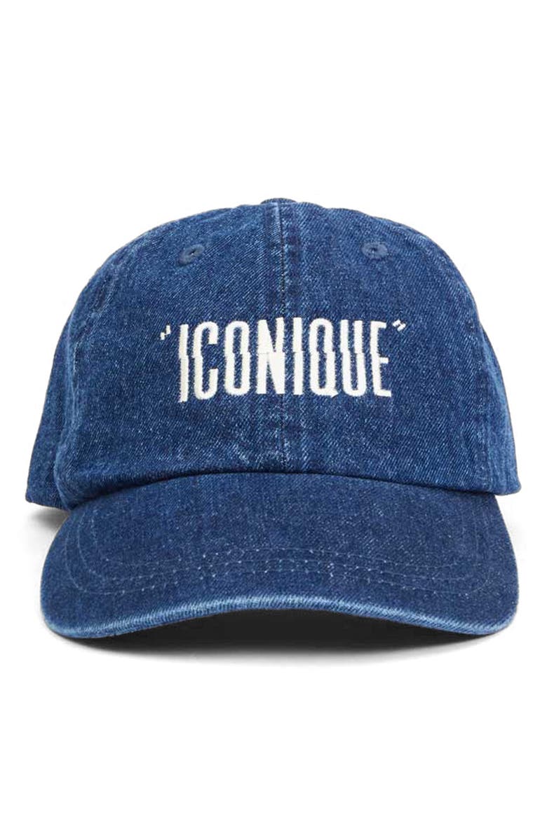 Clare V. Iconique Embroidered Denim Baseball Cap, Main, color, Navy W/ Cream
