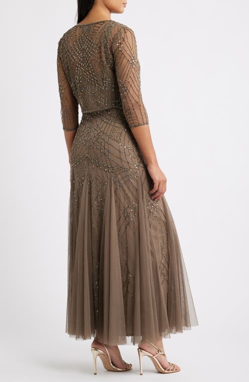 Pisarro Nights Beaded Gown With Long Sleeve Jacket In Neutral