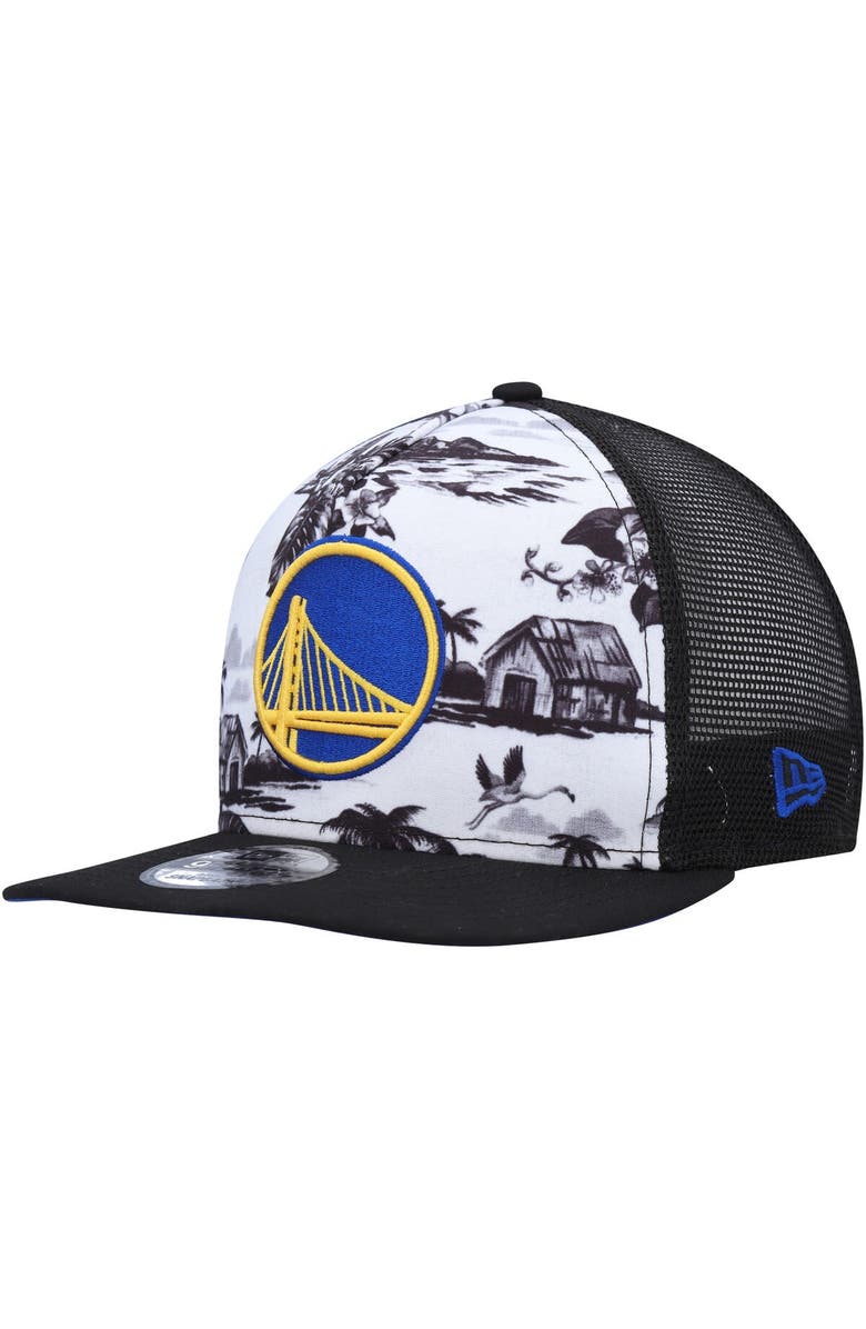 New Era Men's New Era White/Black Golden State Warriors Tonal Palm Trees Trucker 9FIFTY Snapback Hat, Main, color, 