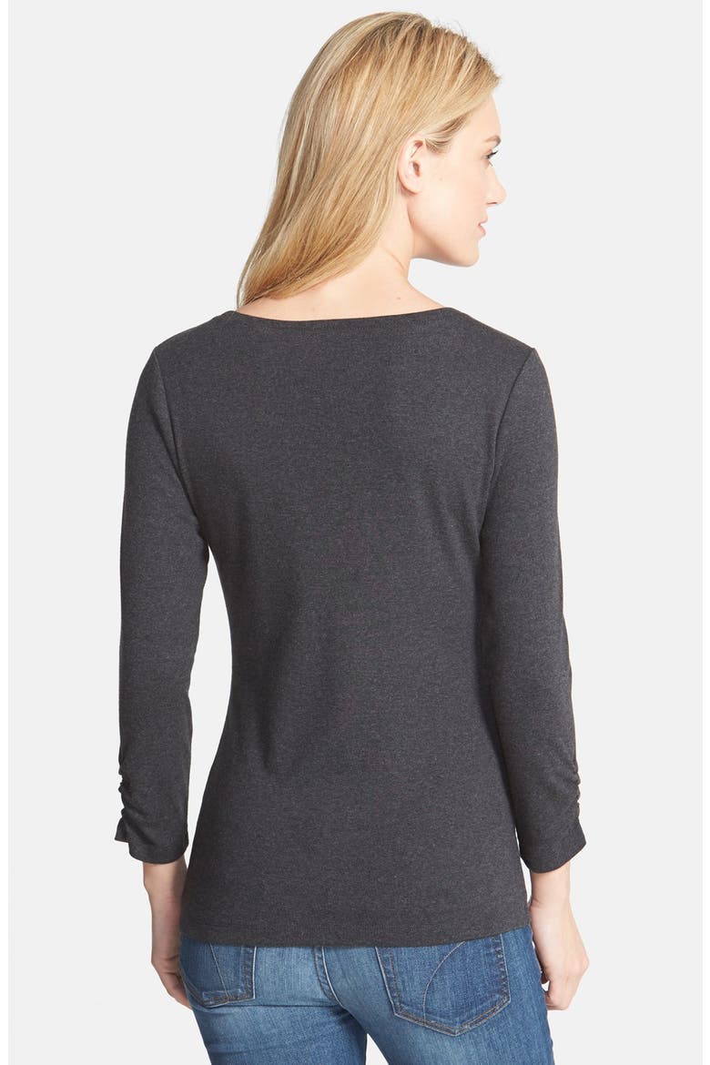 Ruched Three Quarter Sleeve V-Neck Tee, Alternate, color, HEATHER CHARCOAL