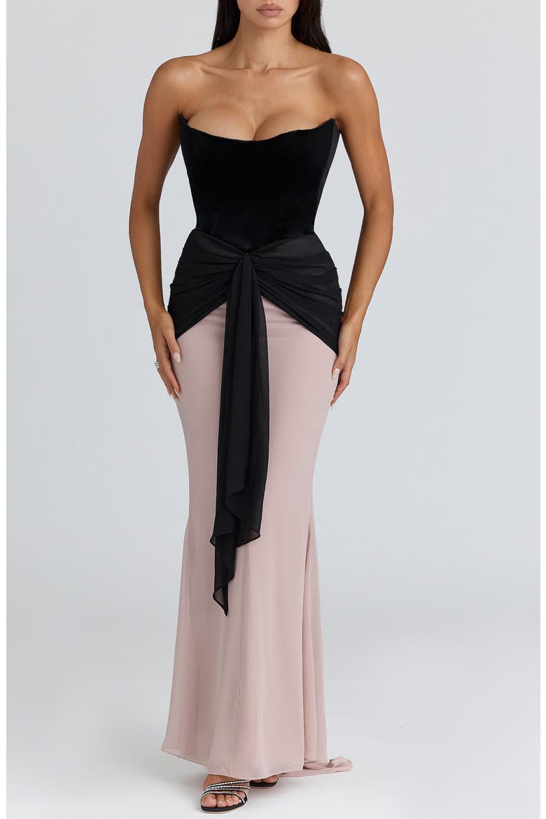 Clara Velvet & Chiffon Drape Corset Gown, Main, color, BLACK VELVET