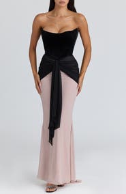 HOUSE OF CB Clara Velvet & Chiffon Drape Corset Gown