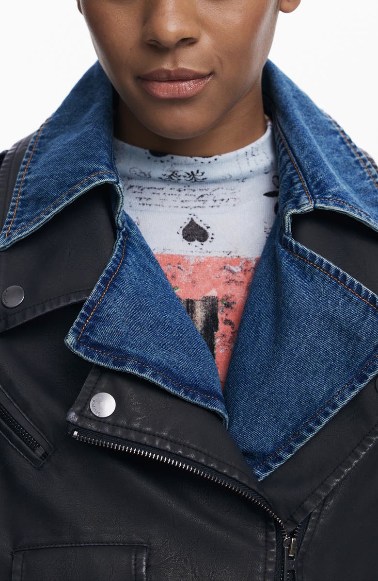 Desigual Denim Trench with Removable Faux Leather Moto Vest, Alternate, color, Medium Blue