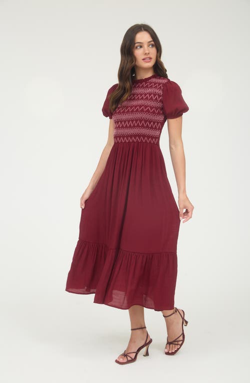 Blu Pepper Smocked Puffed Sleeve Midi Dress In Red