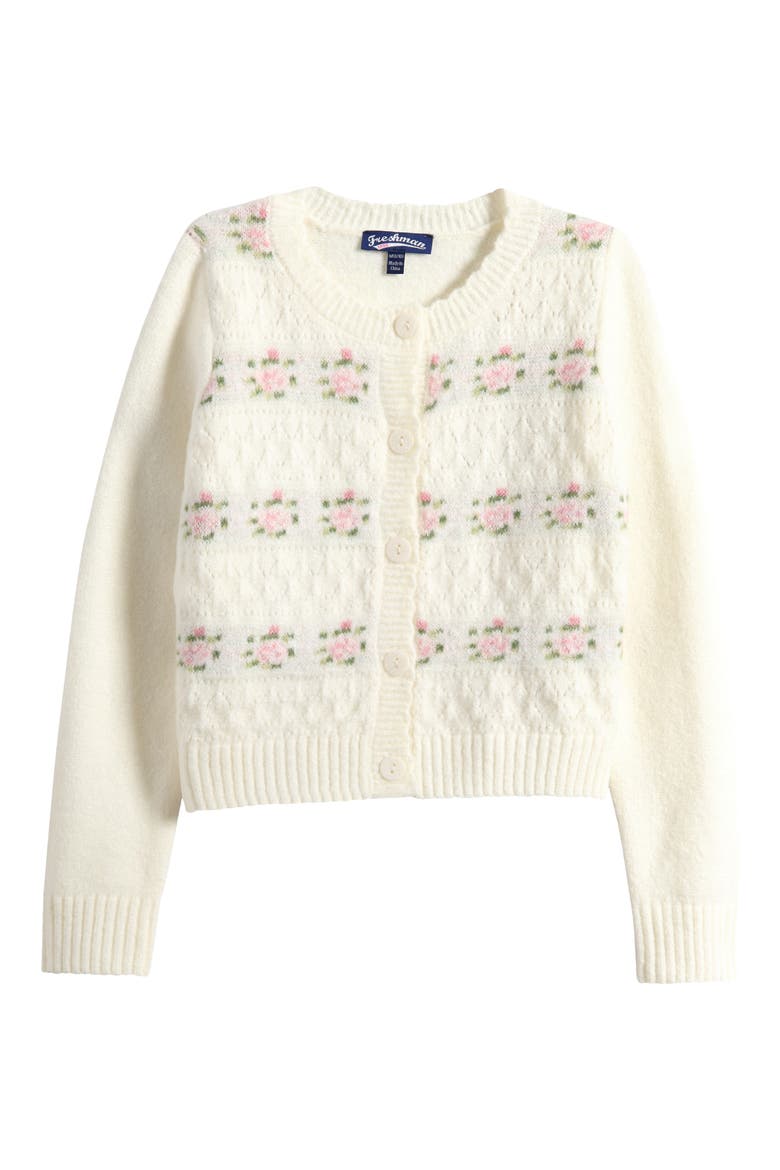 Kids' Floral Stripe Pointelle Cardigan, Main, color, WHITE COMBO