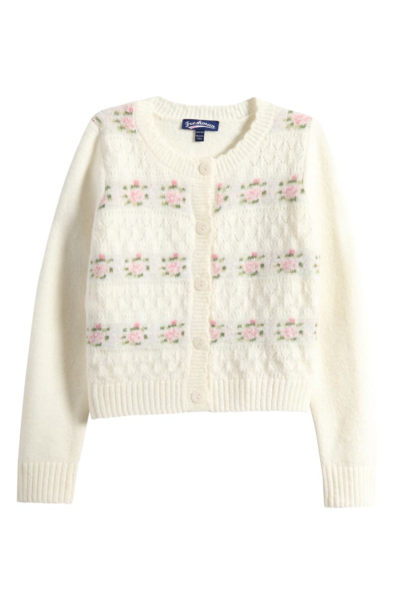 Freshman Kids' Floral Stripe Pointelle Cardigan, Main, color, White Combo