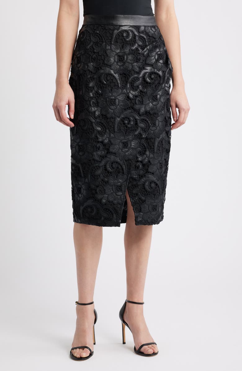 Elie Tahari Vivienne Wrap Front Lace Midi Skirt, Main, color, Noir Black
