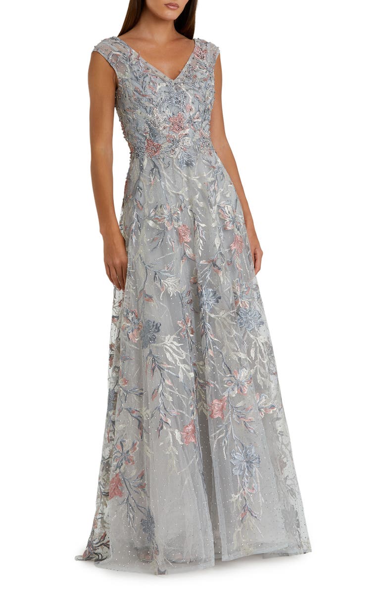 Mac Duggal Embroidered Illusion Cap Sleeve A Line Gown, Main, color, Multi