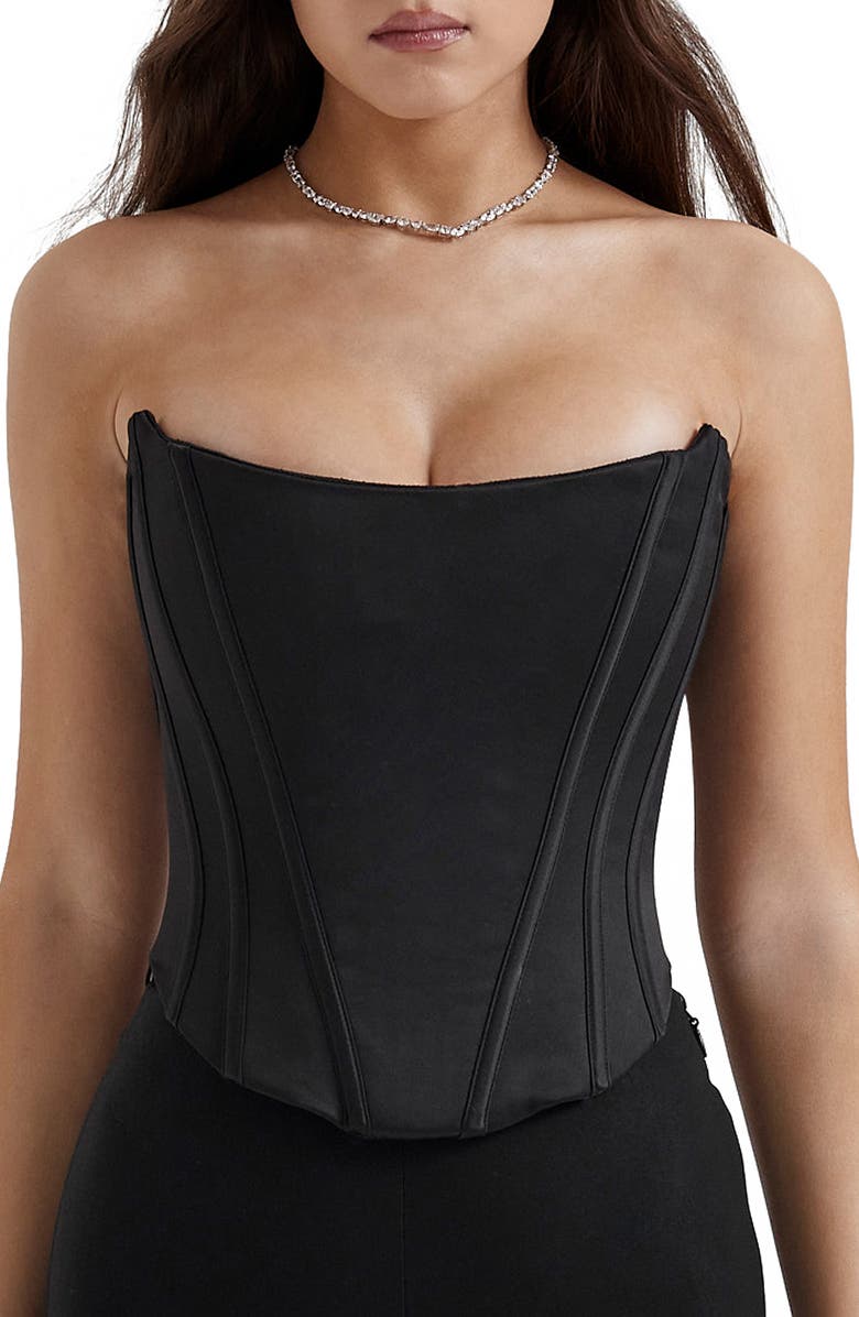 HOUSE OF CB Genevieve Strapless Satin Corset Top, Main, color, Black